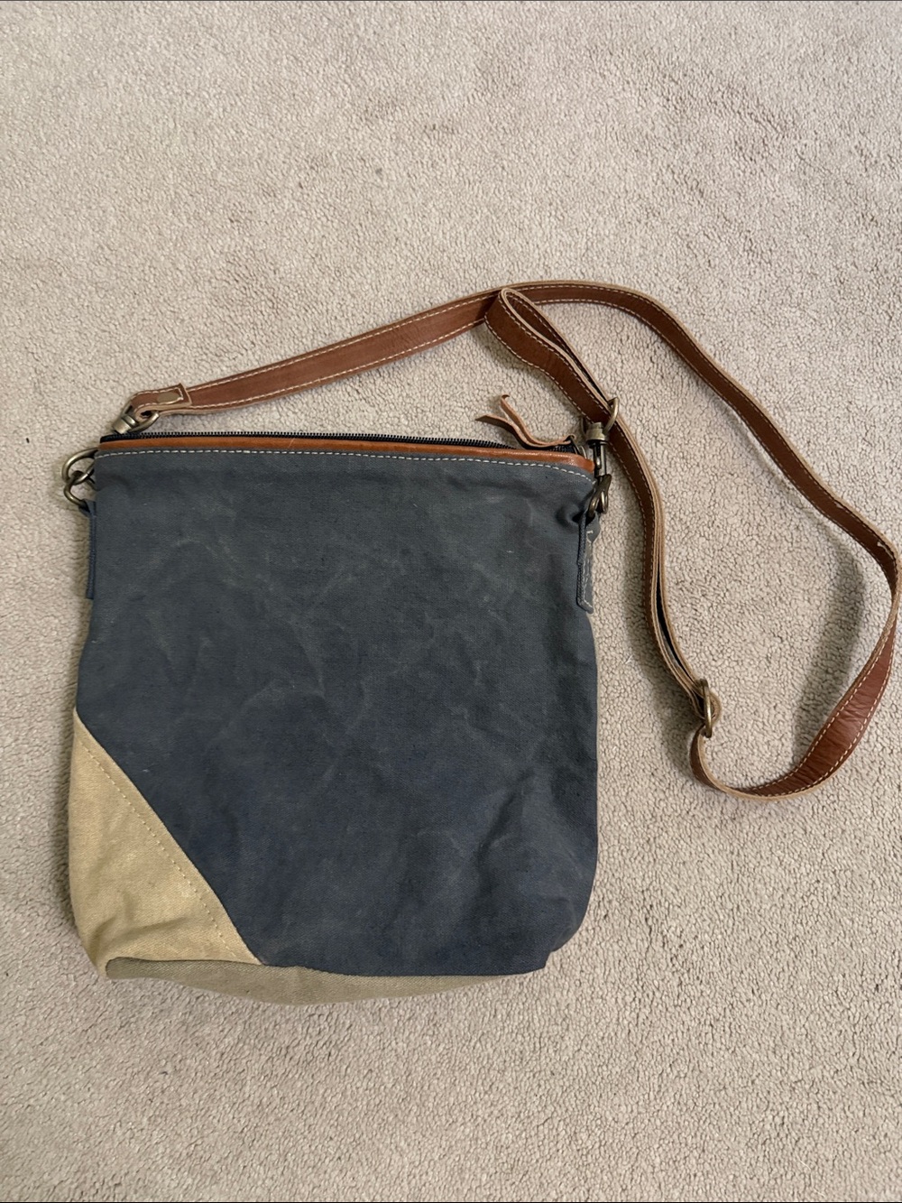 Two-Tone Military Canvas Crossbody Bag in Black with Tan accents and Taupe back